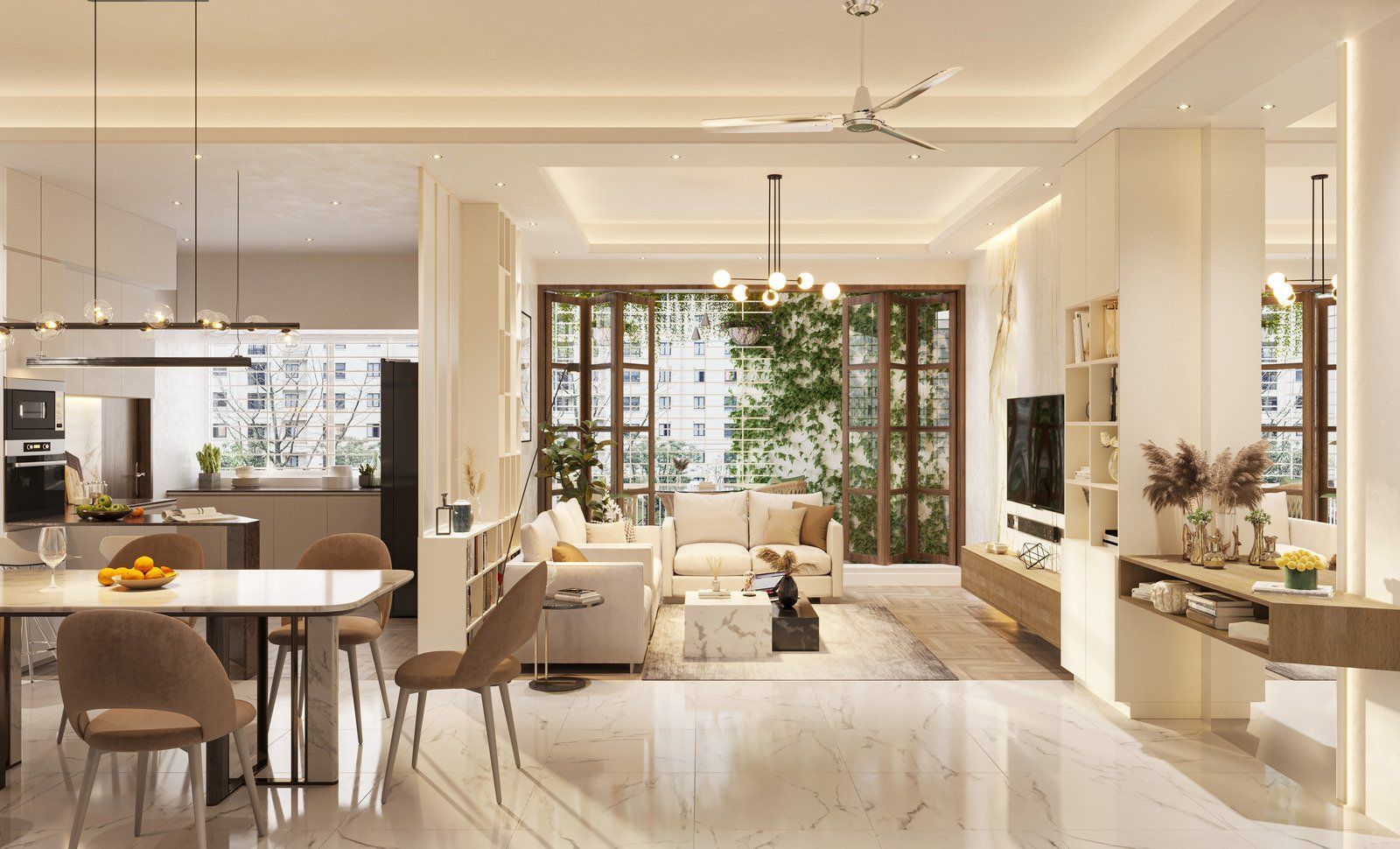 Modern, bright living space with dining, living areas. White walls, marble floors, beige furniture, large windows.