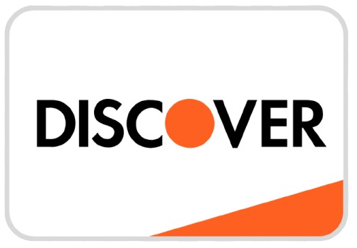 Discover credit card logo: black text, orange dot, and angled orange stripe on white background.