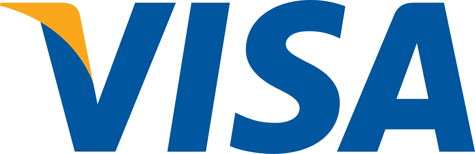 Visa logo: Blue wordmark with a stylized yellow and orange arc above the 