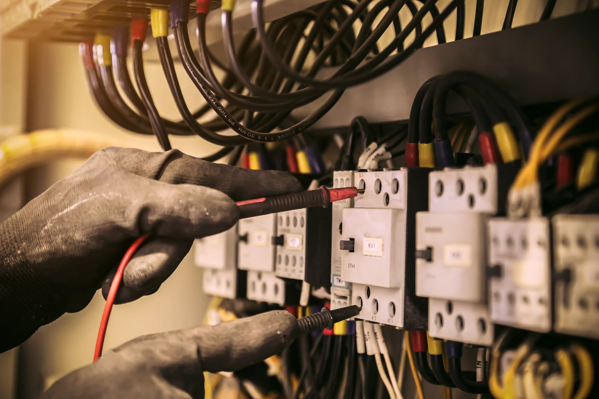 Person wearing gloves testing electrical wiring in an electrical panel.