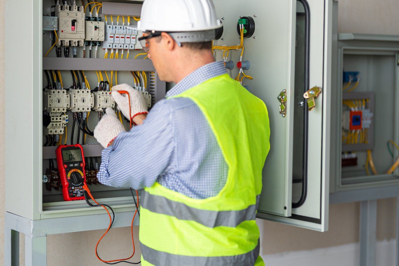 Electrician in white hardhat and safety vest tests electrical panel with multimeter.