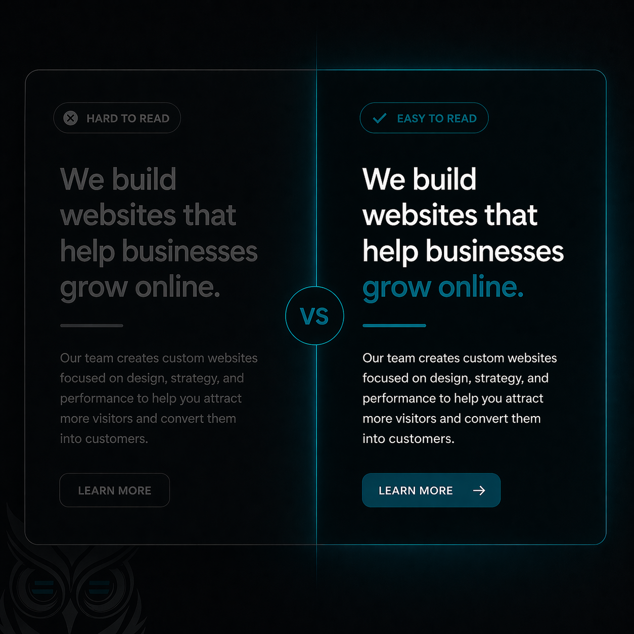 Side-by-side light font on dark website comparing readability