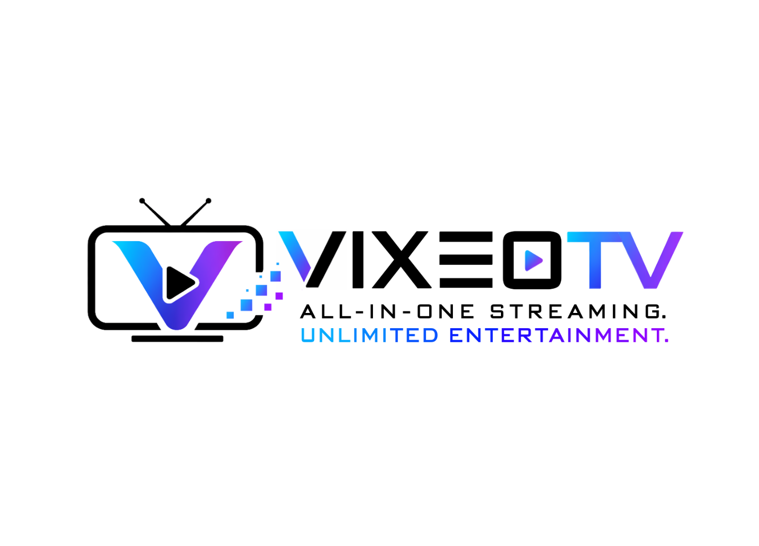 VIXEOTV logo with V inside TV icon with play button and pixels exiting the screen