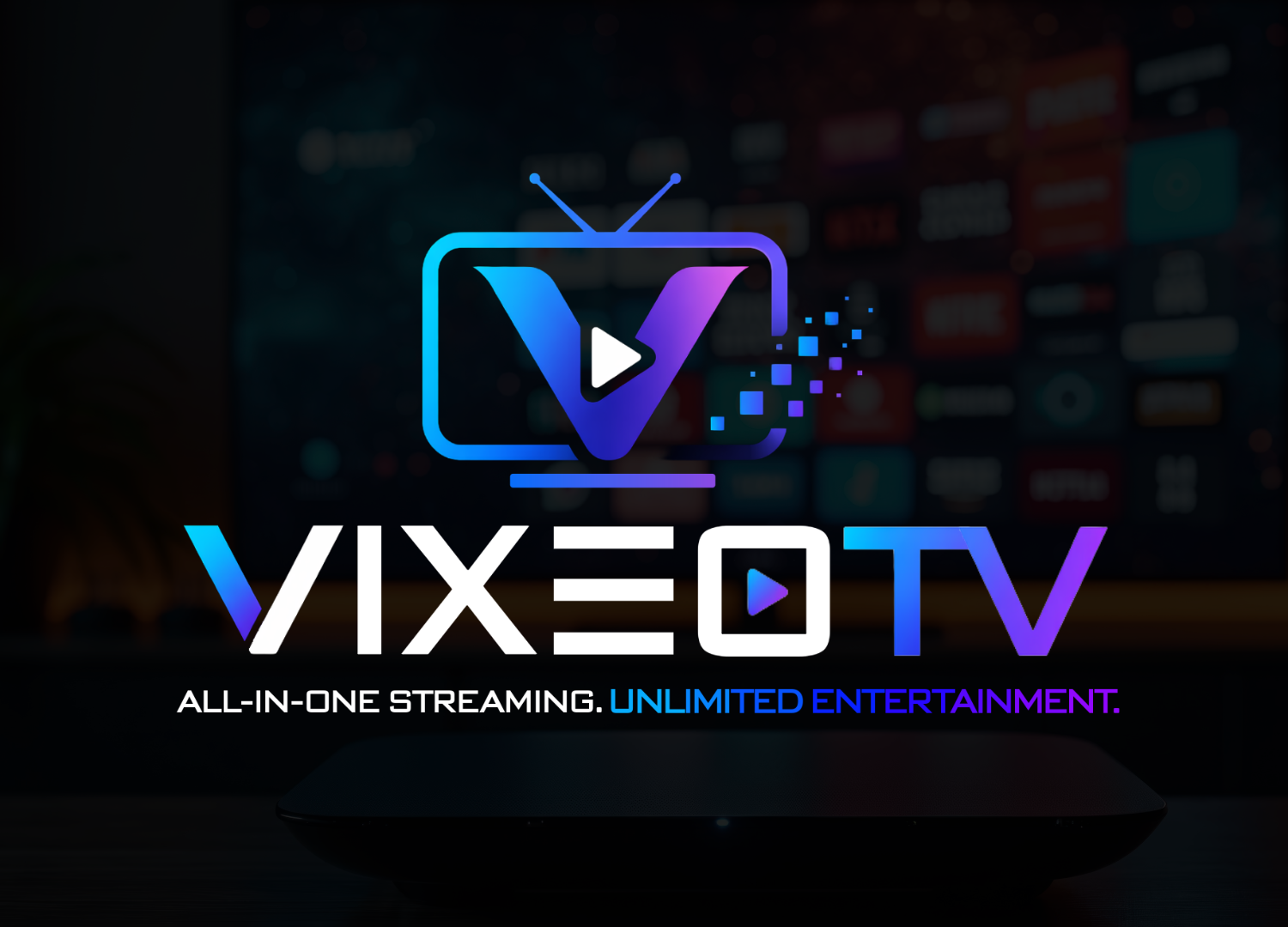 VIXEOTV logo with V inside TV icon with play button and pixels exiting the screen