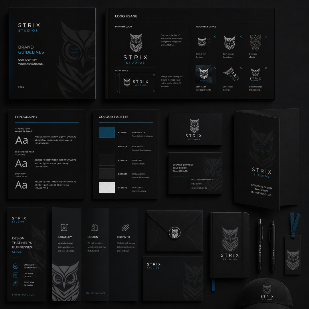 Dark minimalist brand style guide with logos, typography, color swatches, and layout mockups on black panels