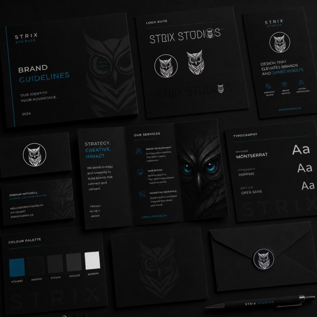 Dark luxury brand identity mood board with black panels, logo marks, typography, and color swatches
