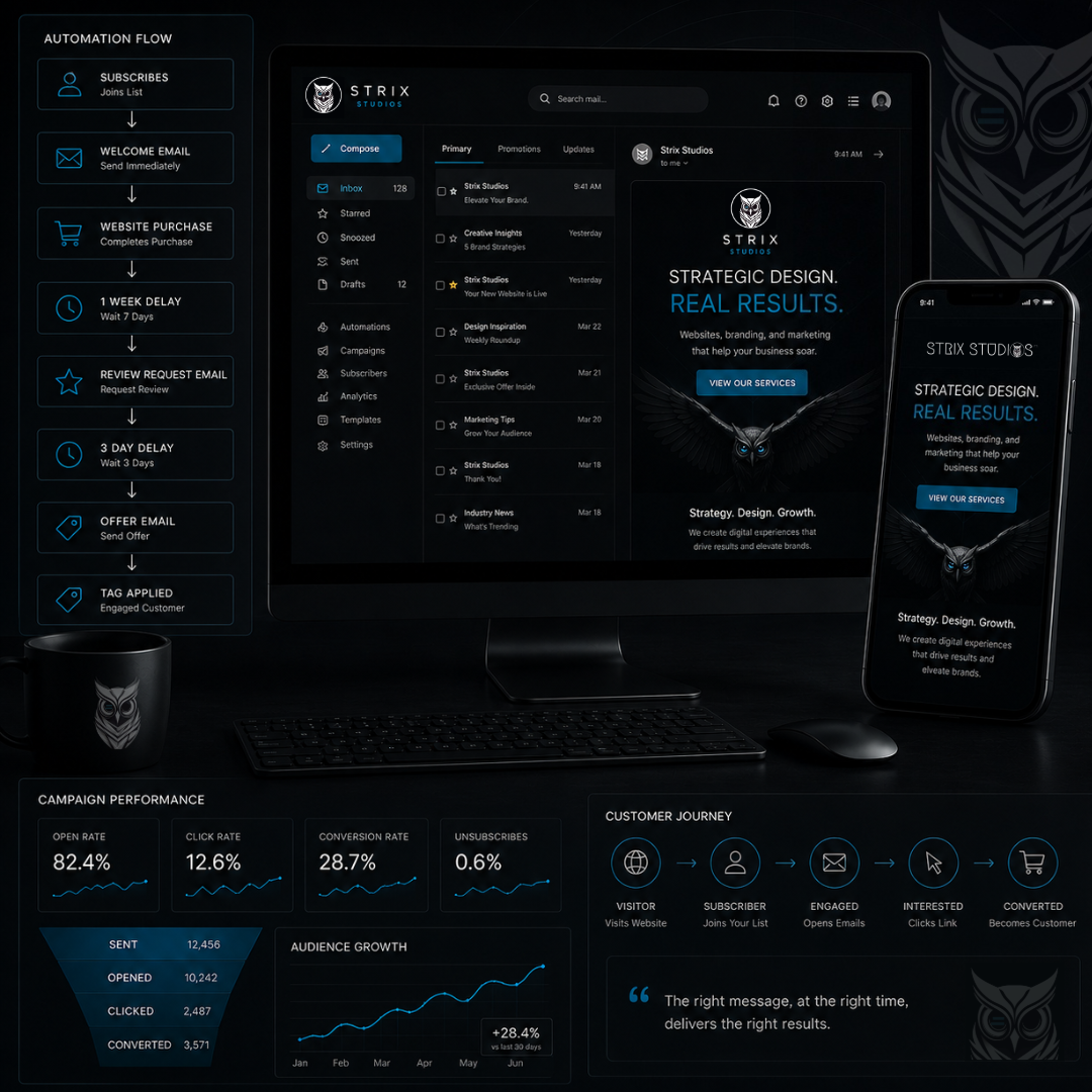 Dark futuristic dashboard UI on a desktop and phone, showing blue analytics panels and charts.