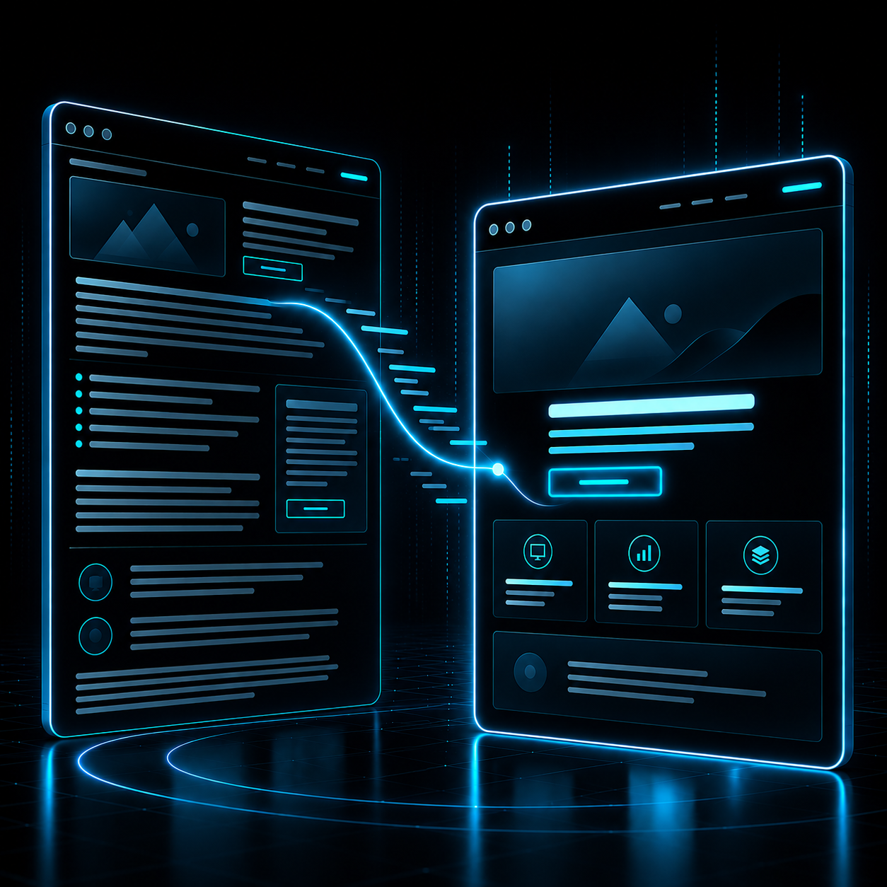 Neon-blue futuristic dashboards connected by a glowing data stream on a dark background