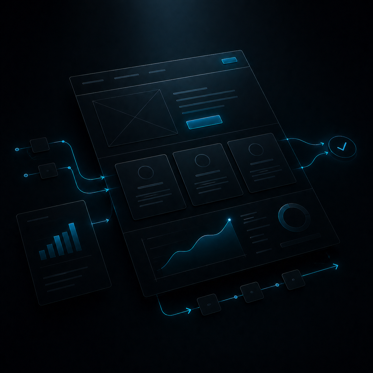 Dark futuristic analytics dashboard with glowing blue charts and data panels on a black background