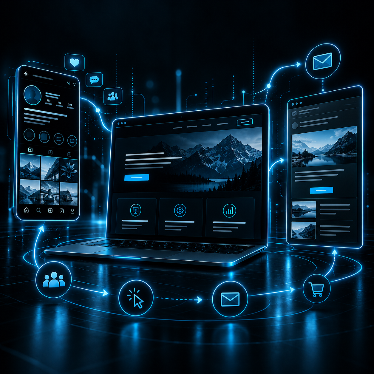 Neon-blue screens for website, social media page and email browser linked by a glowing data stream