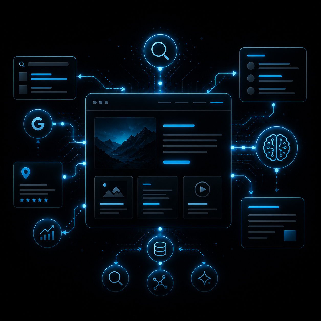 Dark neon-blue digital dashboard with connected search, analytics, and network icons on a black background