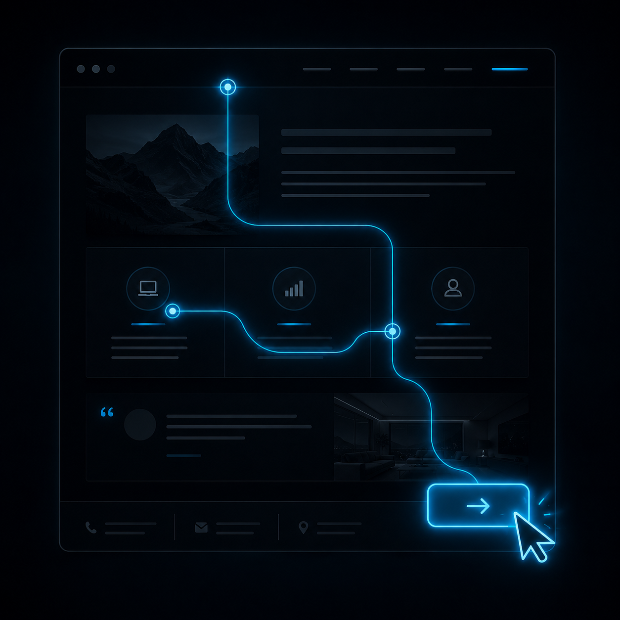Dark futuristic interface with glowing blue navigation path and cursor clicking a CTA button