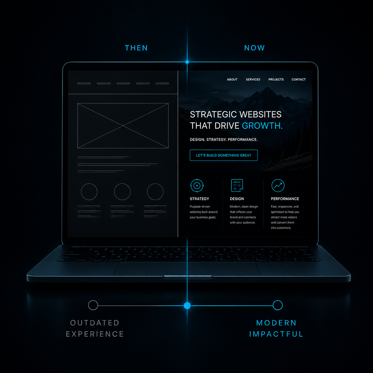 Dark website markup on a laptop, with left side labelled