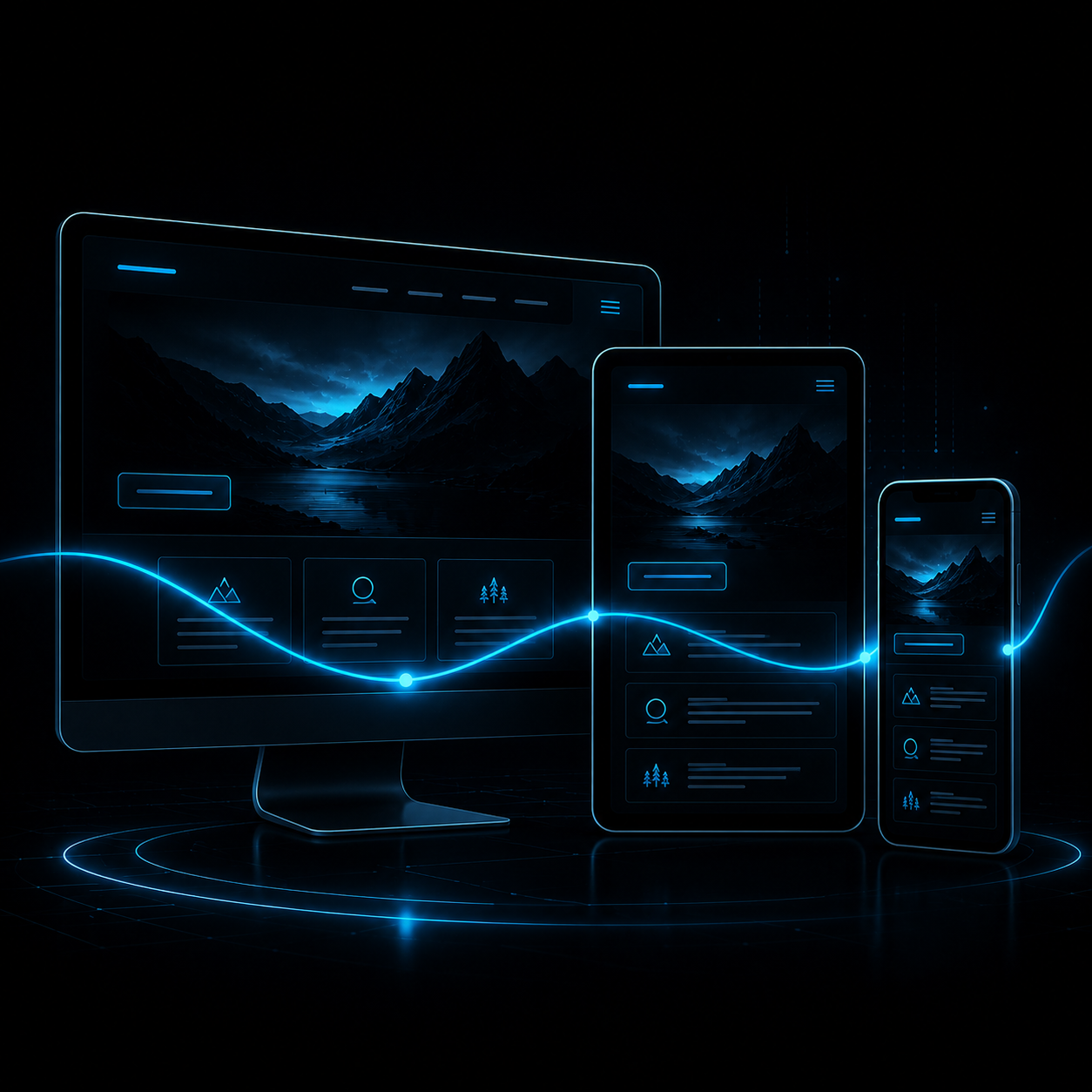 Dark blue futuristic UI on a desktop, phone, and tablet with glowing wave graphics