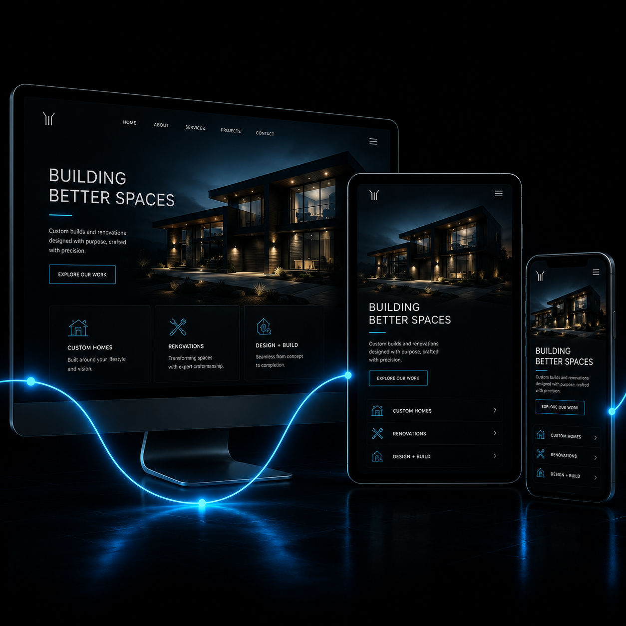 Dark blue futuristic desktop, tablet, and phone screens with glowing wave lines on a black background