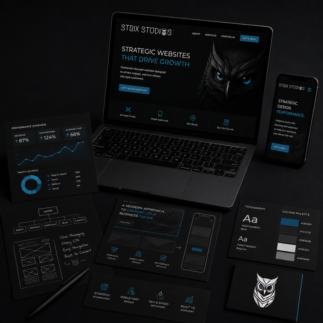 Dark futuristic dashboard UI mockups on laptop, phone, and panels with blue accents and wolf logo