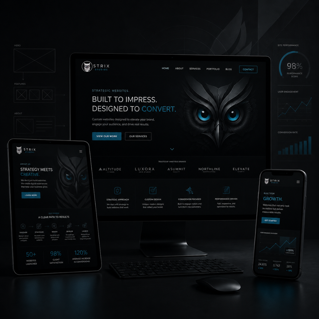 Dark futuristic website mockup on monitor and phones, with glowing blue accents and a robotic owl face.