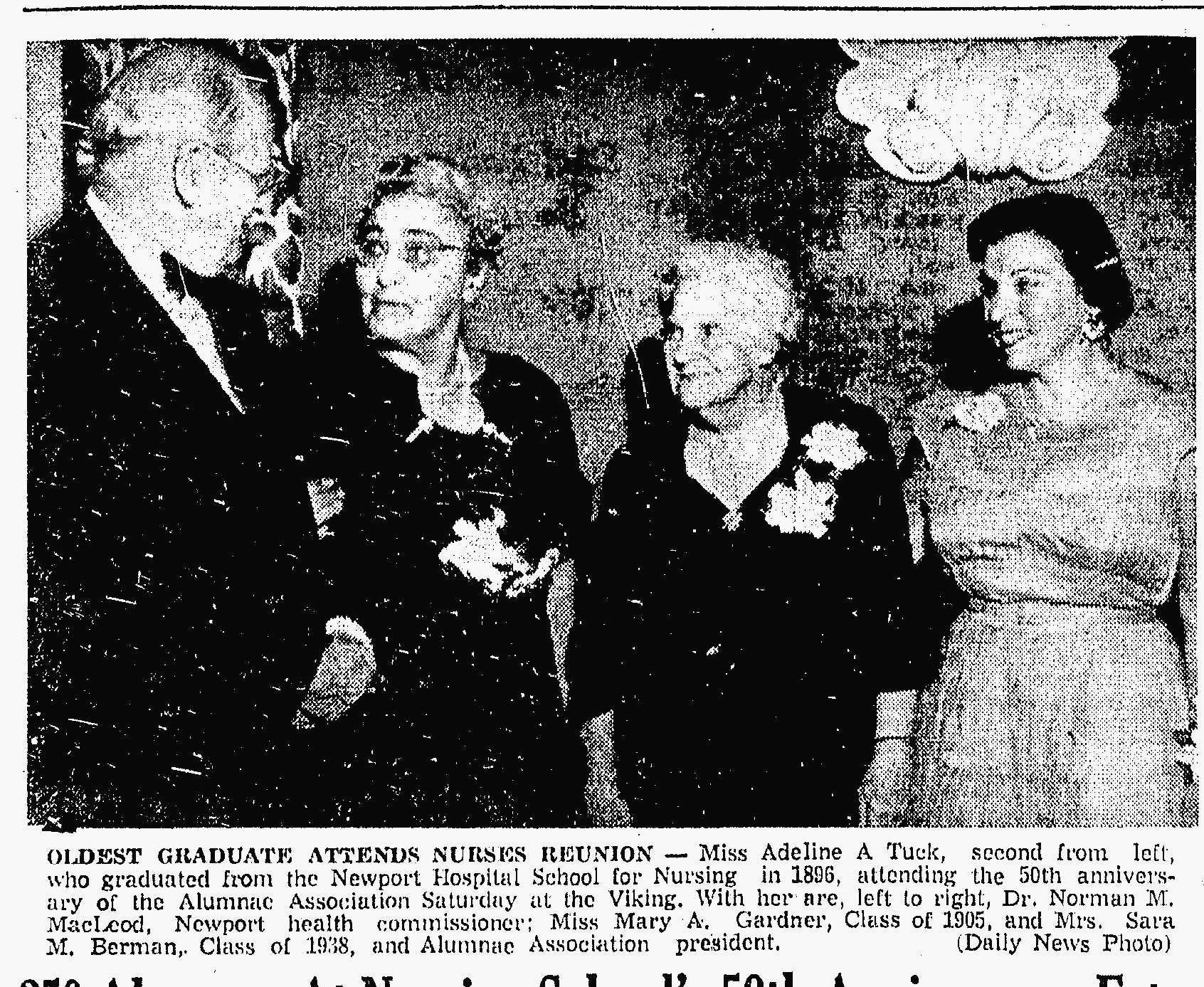 Miss Adeline Tuck is 2nd from the left.  From The News, Newport, RI, July 19, 1956, p. 6.