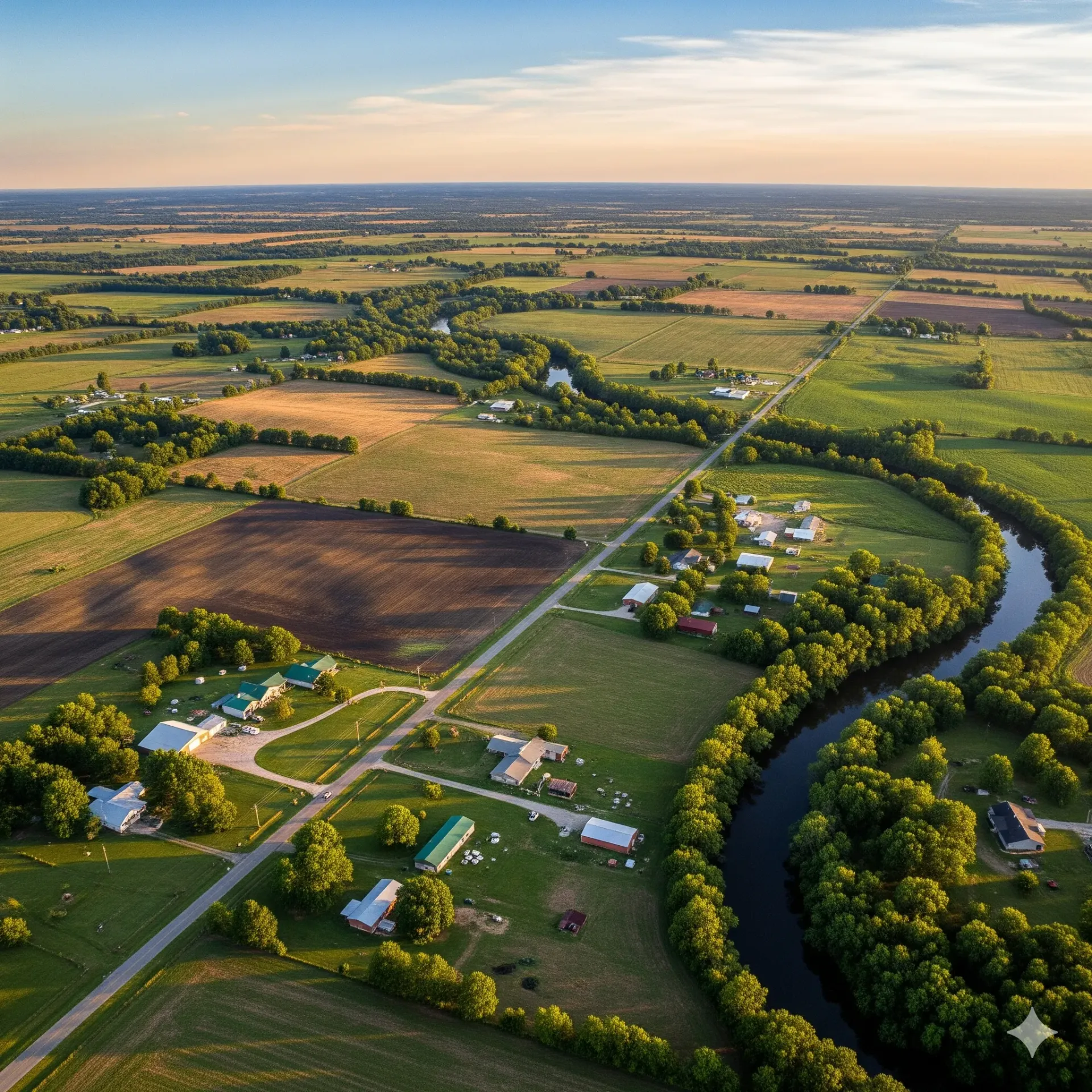 An aerial view of a river surrounded by trees and grass