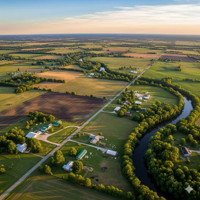 An aerial view of a river surrounded by trees and grass
