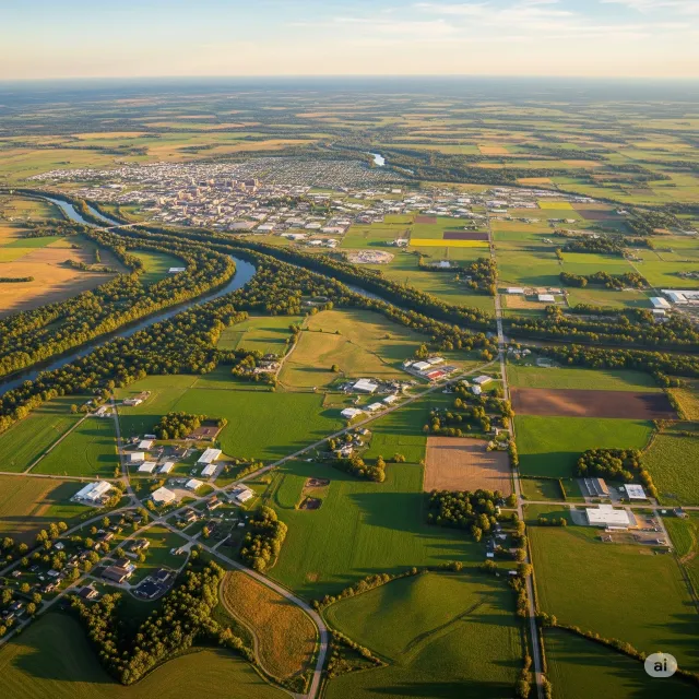 An aerial view of a river surrounded by trees and grass