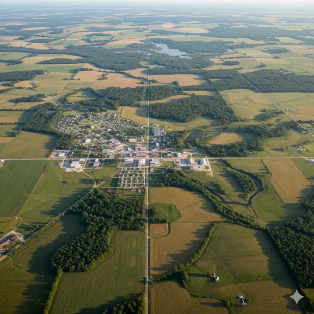 An aerial view of a river surrounded by trees and grass