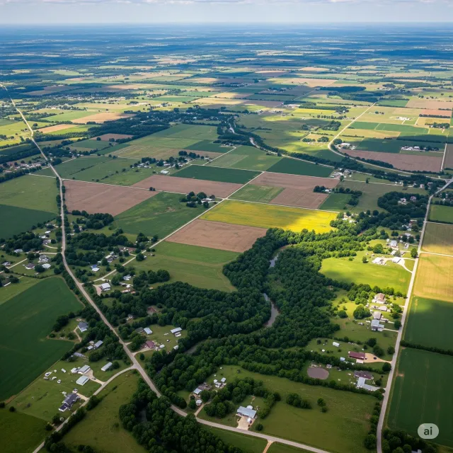 An aerial view of a highway intersection with a city in the background.