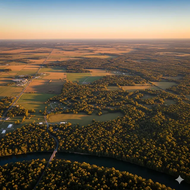 An aerial view of a river surrounded by trees and grass