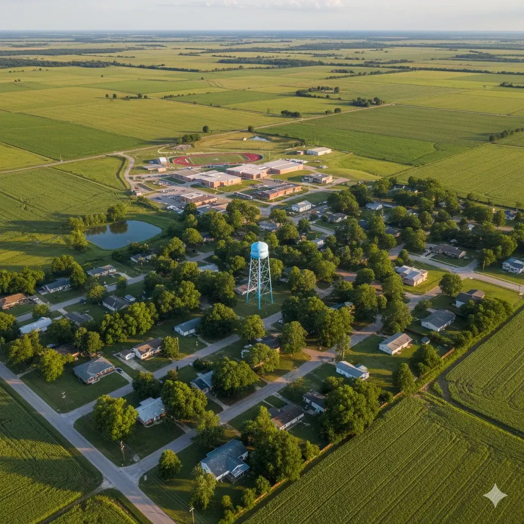 An aerial view of a city with a lake in the background.