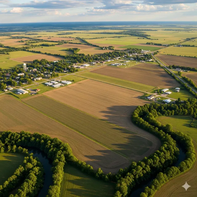 An aerial view of a river surrounded by trees and grass