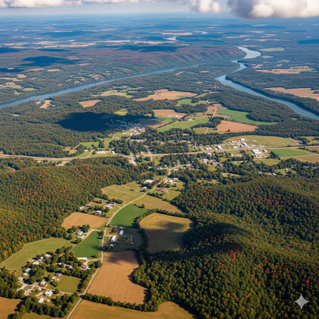An aerial view of a river surrounded by trees and grass