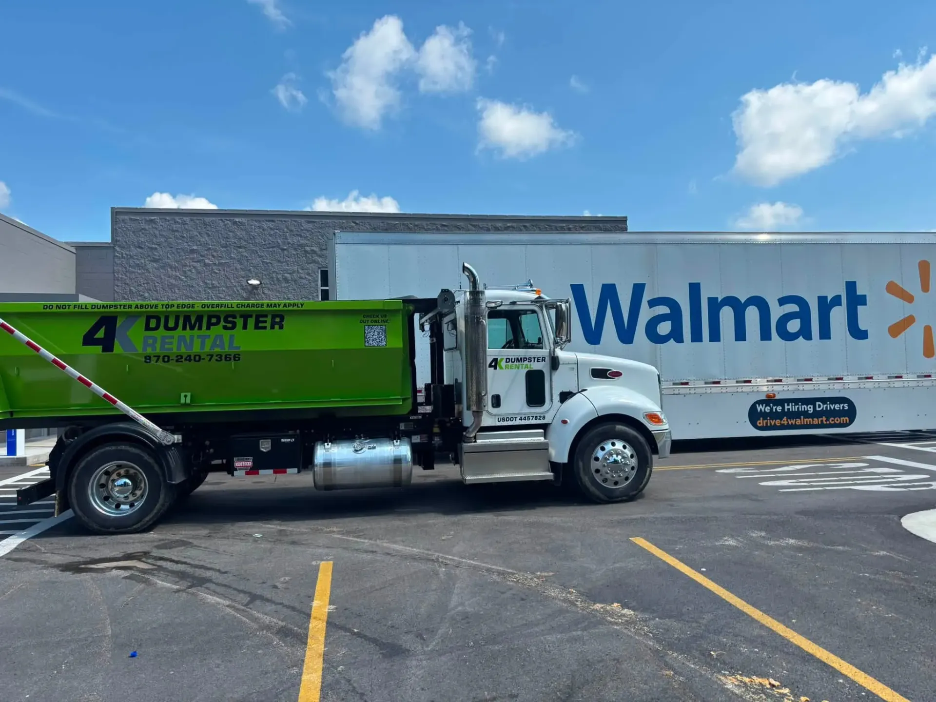 4K Dumpster Rental truck servicing a commercial roll-off dumpster in Northeast Arkansas