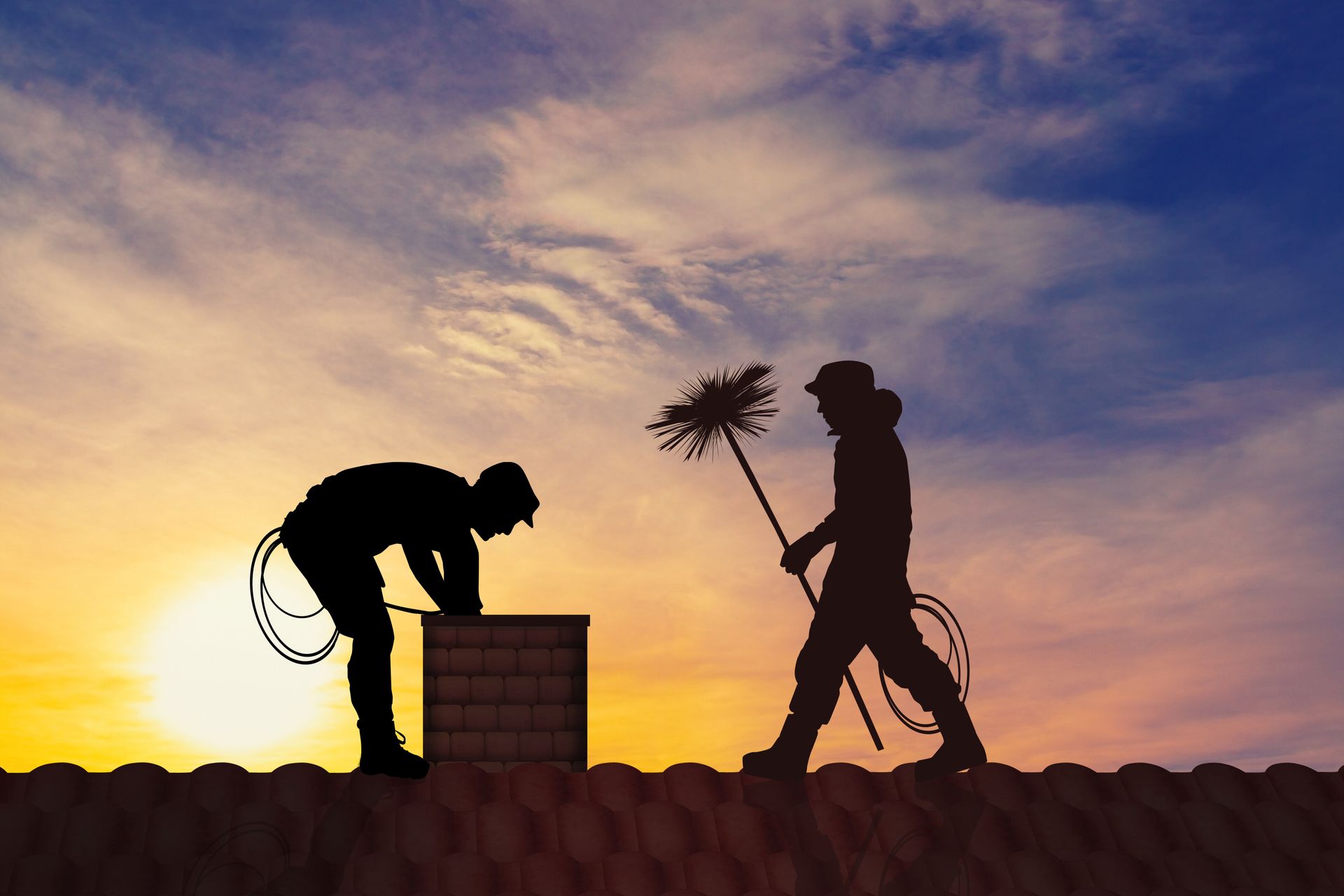Silhouetted chimney sweeps on a rooftop, one brushes, other leans over chimney, sunset background. Silhouetted chimney sweeps on a rooftop, one brushes, other leans over chimney, sunset background.