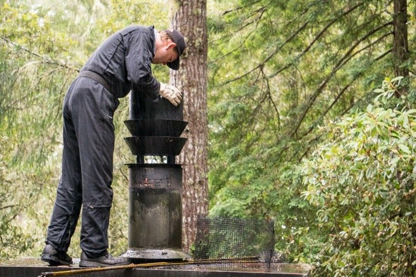 Chimney Sweep cleaning on roof of house cleaning dirty chimney