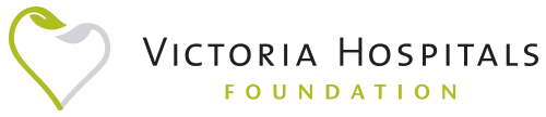 The logo for the victoria hospitals foundation has a heart and a leaf on it.