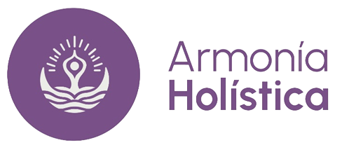 Logotipo de Armonía Holística con un icono de loto morado y texto sobre un fondo blanco