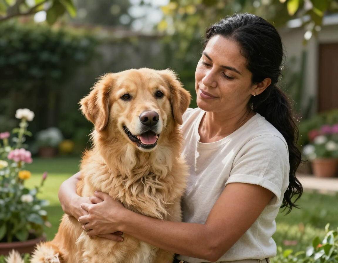 Una mujer abraza a un golden retriever en un jardín; ambos parecen contentos.