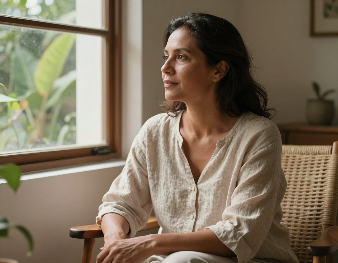 Mujer sentada junto a una ventana en una silla de mimbre, mirando hacia afuera en una habitación con luz tenue.