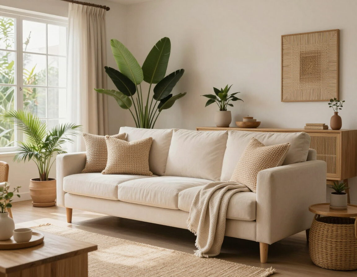 Acogedor salón con sofá color crema, decoración en tonos beige, plantas de interior y luz natural suave