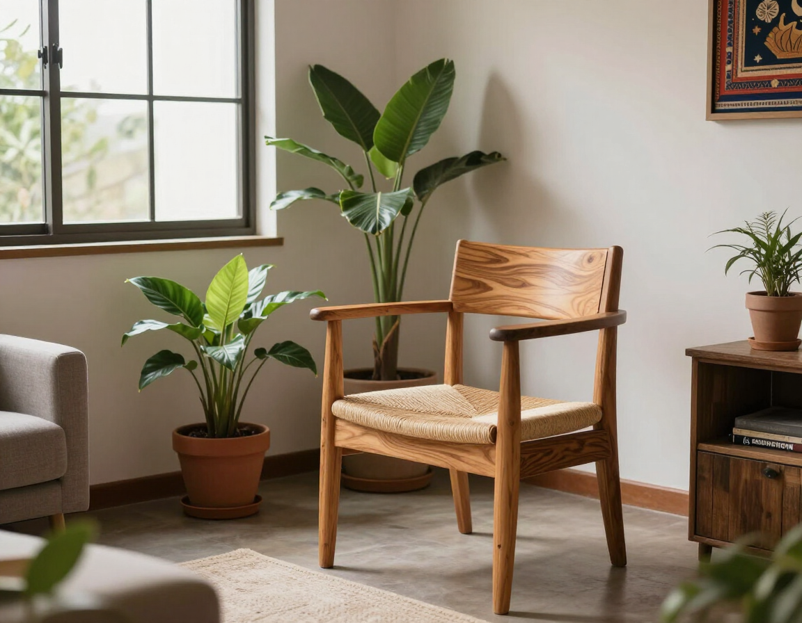Acogedor salón con una silla de madera, plantas en macetas, una ventana y una suave luz natural