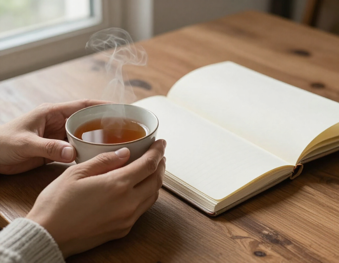 Unas manos sostienen una taza de té humeante junto a un cuaderno abierto en blanco sobre una mesa de madera.