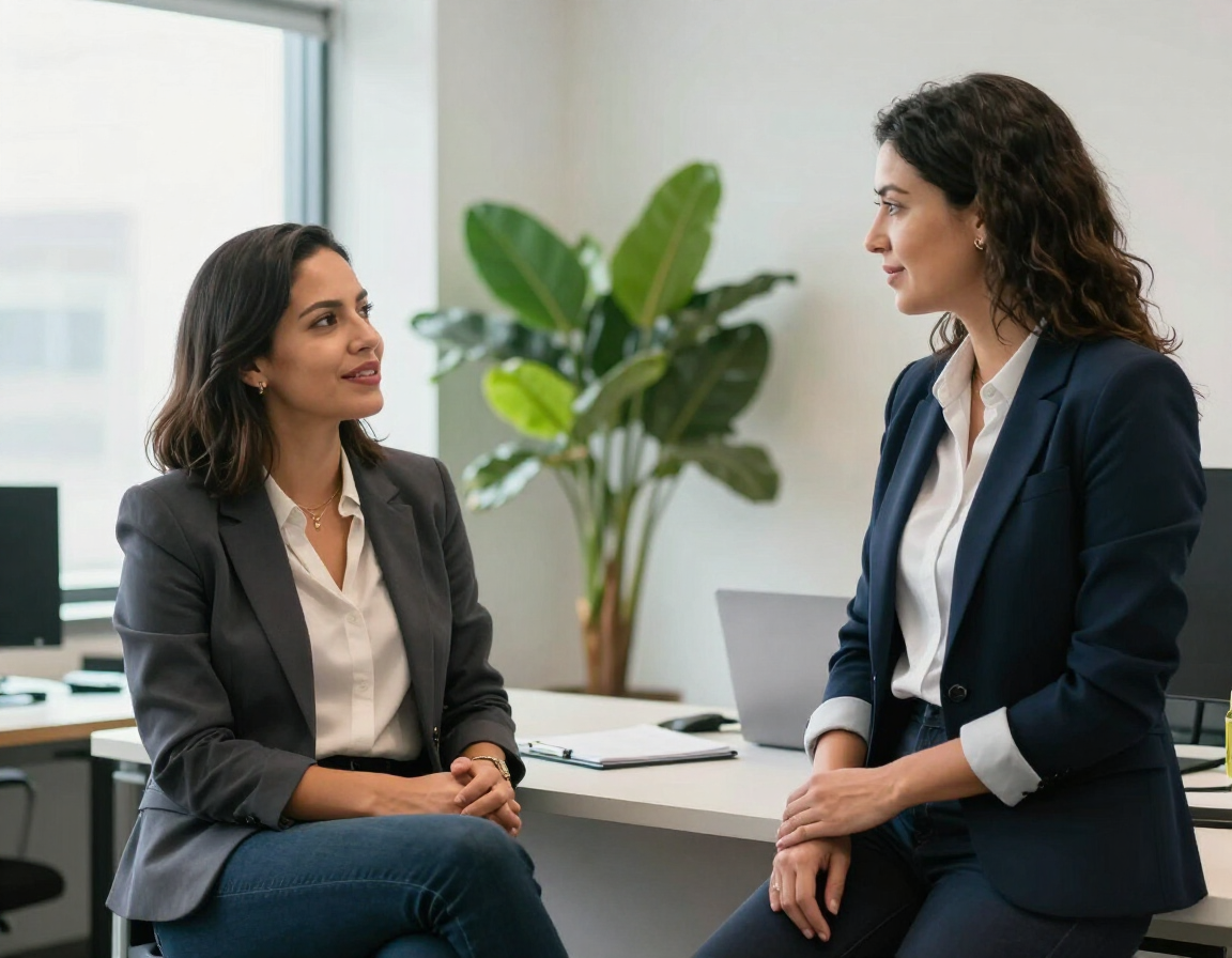Dos profesionales de negocios con traje conversan en una oficina luminosa, con una planta y un escritorio al fondo.