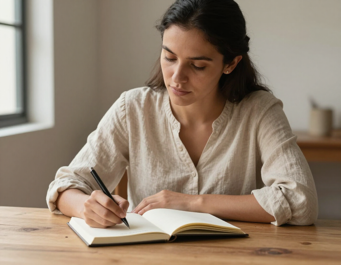 Una persona escribiendo en un cuaderno abierto, sentada a una mesa de madera junto a una ventana