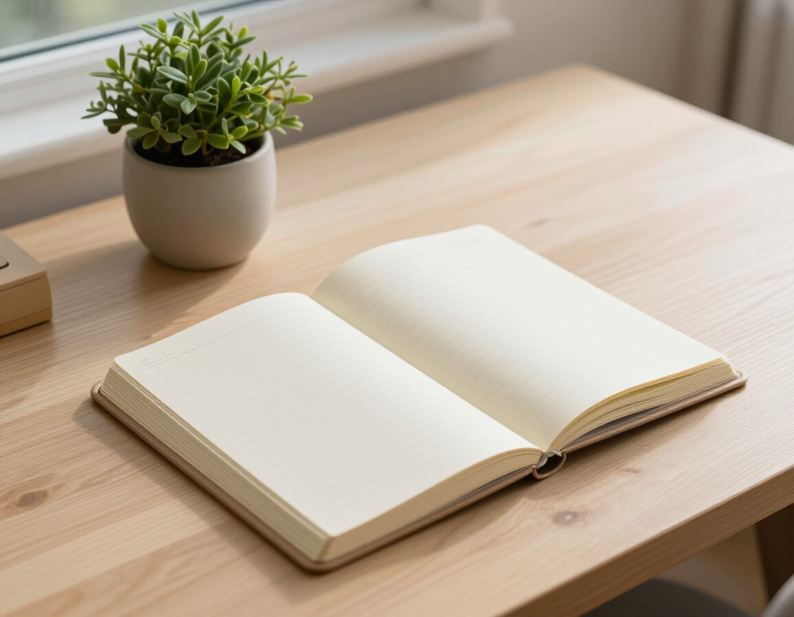 Cuaderno abierto sobre un escritorio de madera, junto a una pequeña planta en maceta cerca de una ventana.