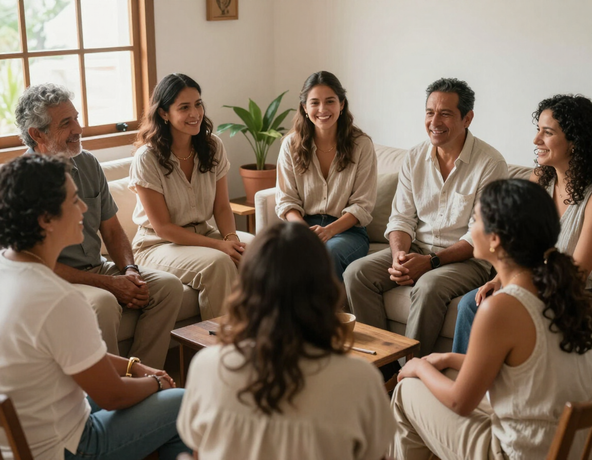 Personas sentadas en círculo conversando en una sala luminosa y acogedora, con plantas y una luz cálida.