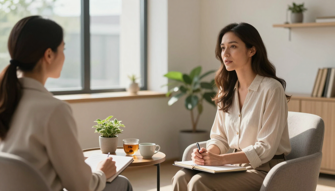 Dos mujeres en una sala de terapia luminosa, conversando frente a frente con té y un cuaderno sobre la mesa