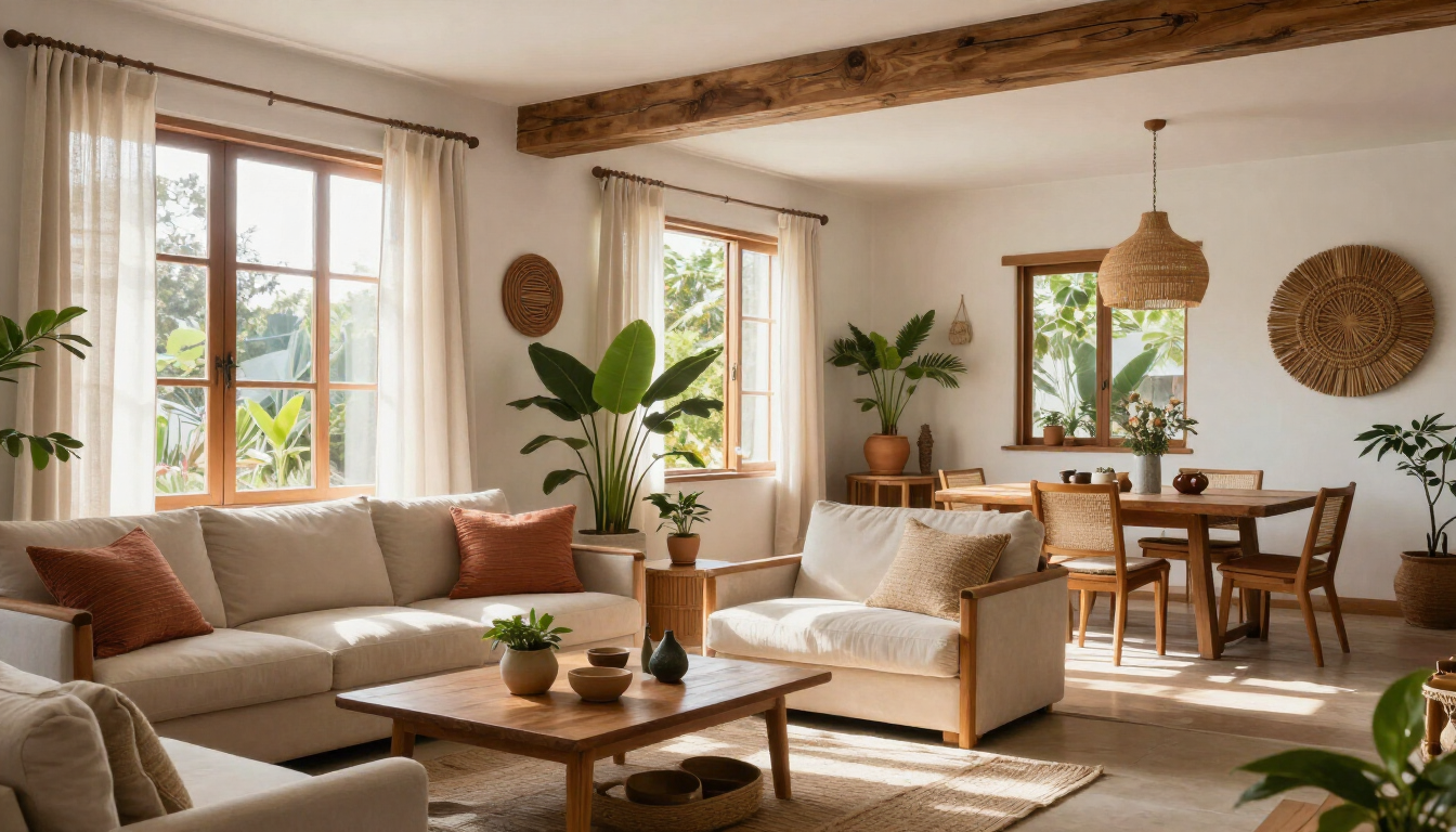 Luminoso salón de estilo bohemio con sofá beige, mesa de centro de madera, plantas de interior y comedor junto a las ventanas