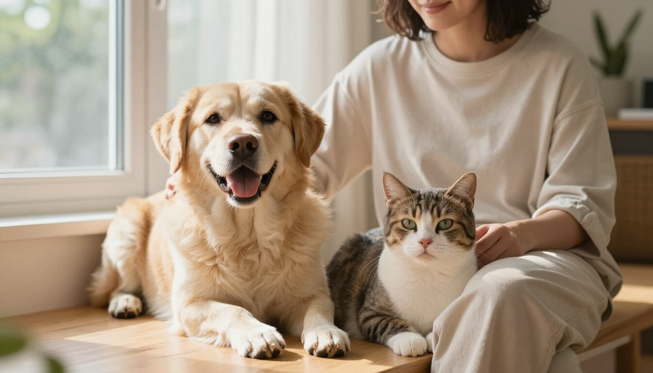 Un golden retriever y un gato atigrado sentados junto a una persona en un sofá en una sala de estar luminosa