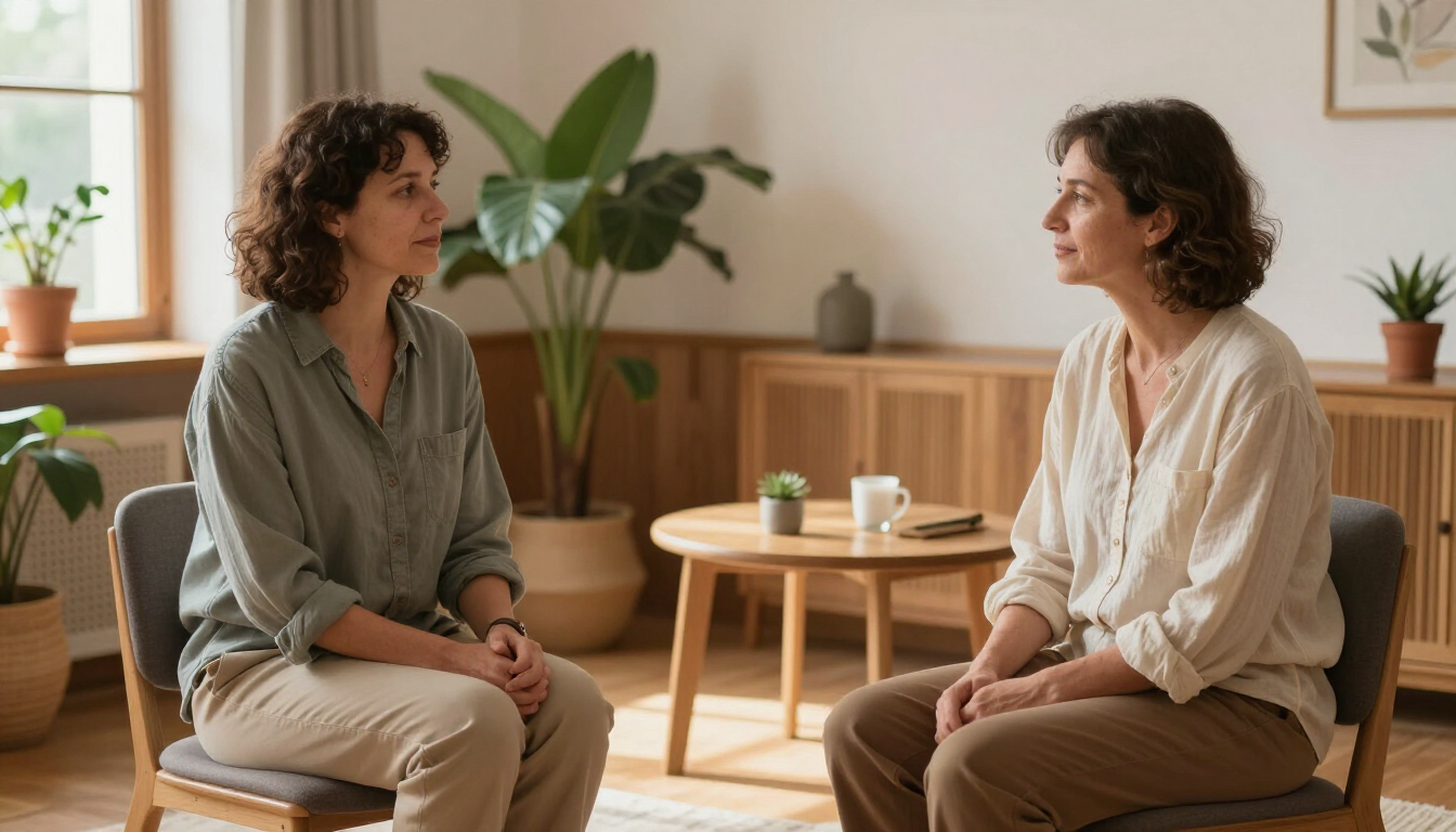 Dos personas están sentadas frente a frente en una sala de estar luminosa, conversando en unas sillas junto a una mesita redonda.