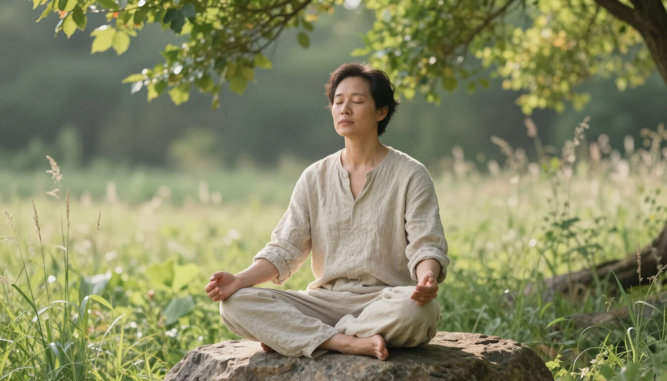 Persona meditando con las piernas cruzadas sobre una roca en un prado verde bajo los árboles
